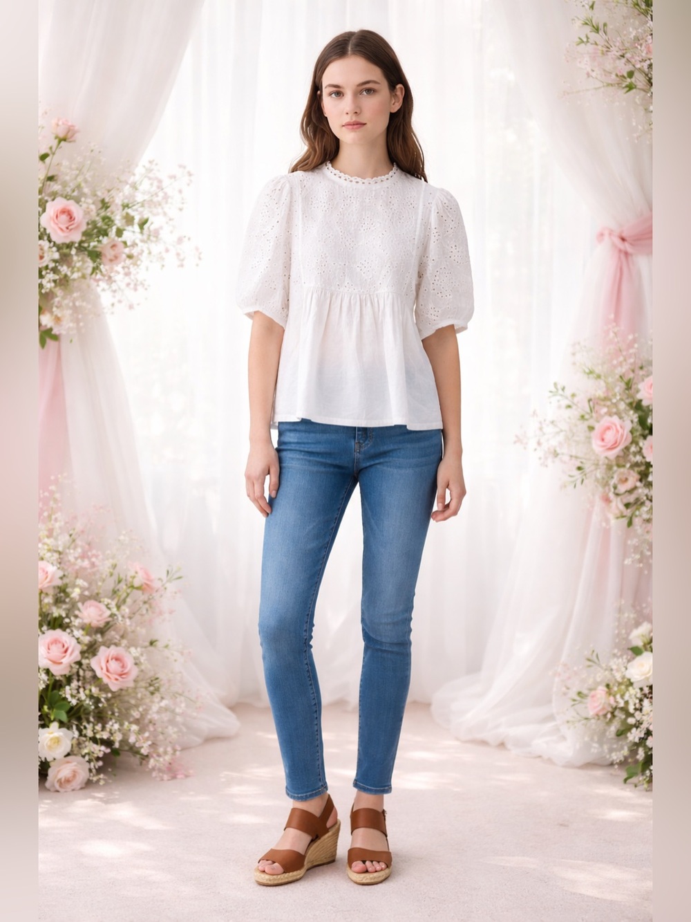 Jack + Avery White Cotton Eyelet Lace Top XL Short Sleeve Blouse Fairy Coquette